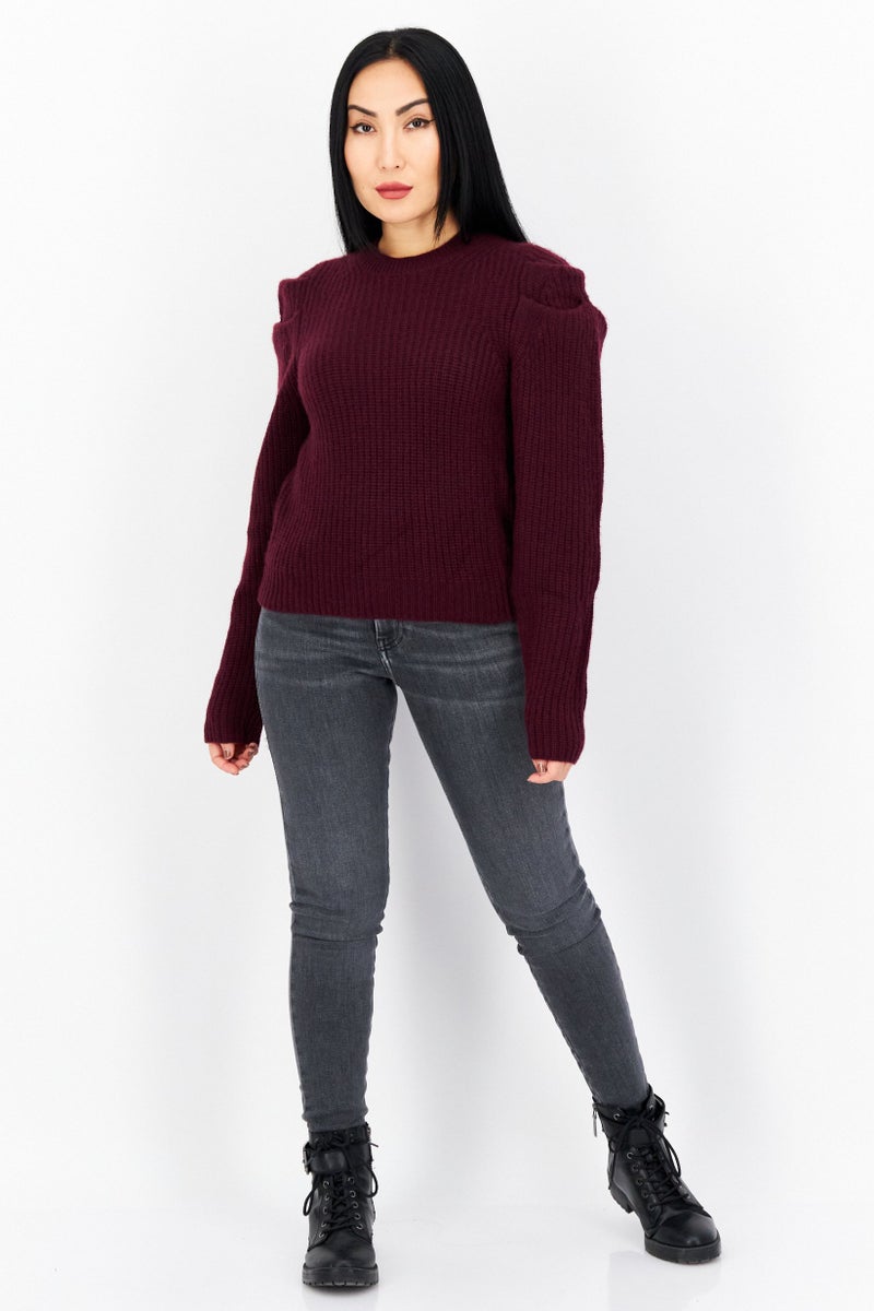 Aqua سويت شيرت محبوك برقبة دائرية للنساء، مارون - Image 4