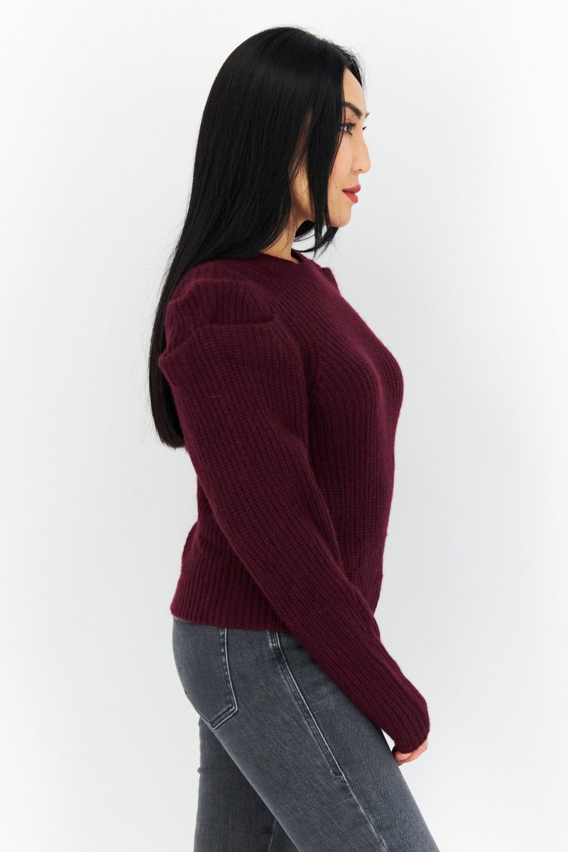 Aqua سويت شيرت محبوك برقبة دائرية للنساء، مارون - Image 2