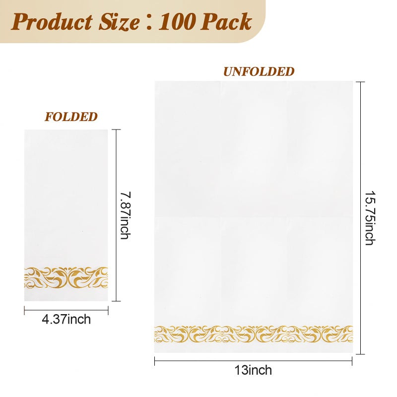 BESTVIP 100 Pack Disposable Paper Napkins  3-Ply Dinner Napkins with Gold Trim  Soft Bathroom Napkins for Guests  Absorbent Party Napkins Wedding Napkins for Dinners  Kitchen or Events - Image 3
