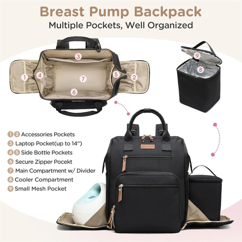 Qualyphant Breast Pump Bag for Spectra S1 S2 Medela Convertible Large Diaper Bag Backpack for Working Moms with 14 inch Laptop Sleeve  Cooler Storage Black - Image 3