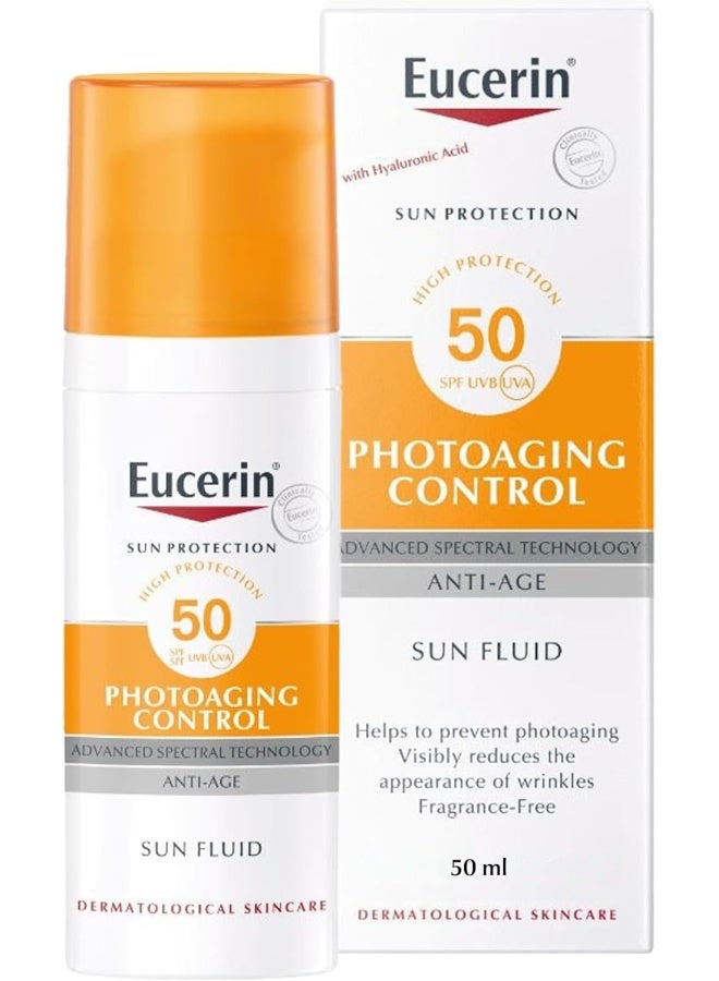 Eucerin Face Sunscreen Photoaging Control Anti-Age Sun Fluid, High Uva/Uvb Protection, Spf 50, Reduces Appearance Of Wrinkles, Suitable As Make-Up Base, For All Skin Types, 50Ml - Image 1