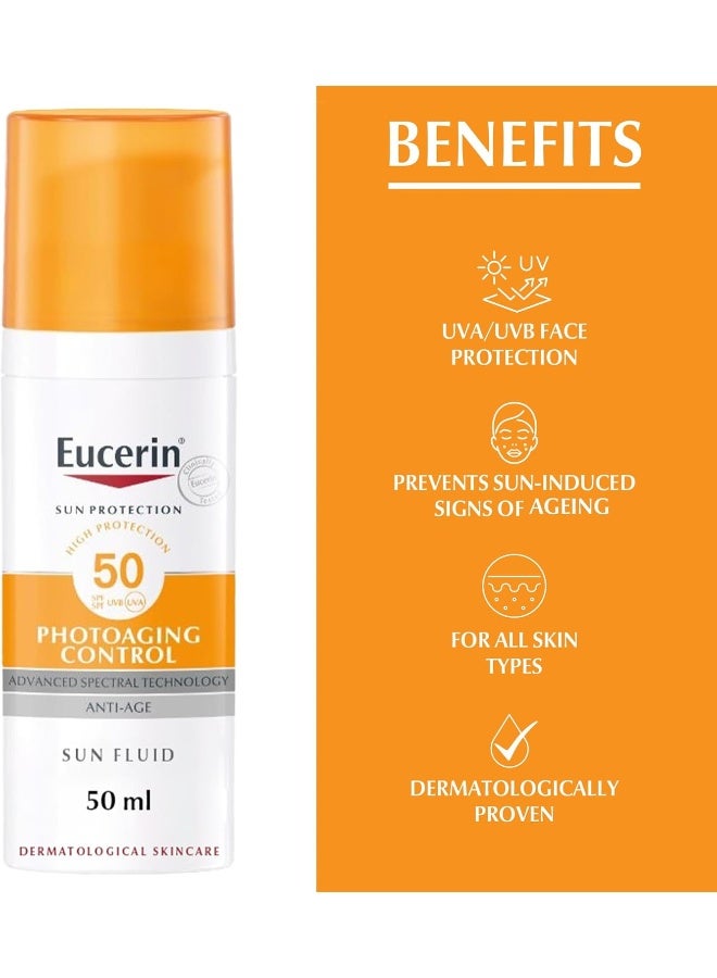 Eucerin Face Sunscreen Photoaging Control Anti-Age Sun Fluid, High Uva/Uvb Protection, Spf 50, Reduces Appearance Of Wrinkles, Suitable As Make-Up Base, For All Skin Types, 50Ml - Image 3