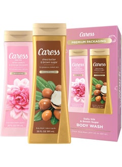 Caress Body Wash Set Shea Butter & Brown Sugar + Daily Silk White Peach & Orange Blossom Moisturizing Body Wash For Gorgeous Radiant Skin Body Soap Liquid Set 20 Fl Oz (2 Piece Set)  - Image 1
