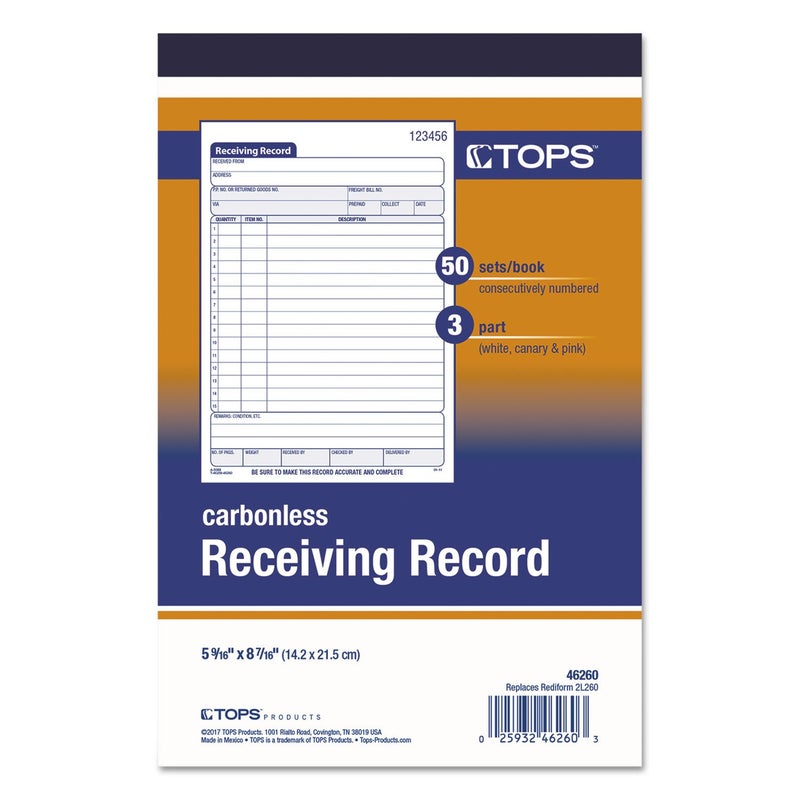 TOPS 46260 Receiving Record Book, 5 1/2 x 7 7/8, Three-Part Carbonless, 50 Sets/Book - Image 3