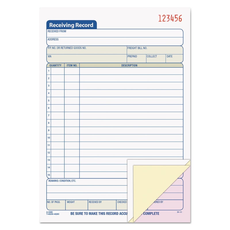 TOPS 46260 Receiving Record Book, 5 1/2 x 7 7/8, Three-Part Carbonless, 50 Sets/Book - Image 1