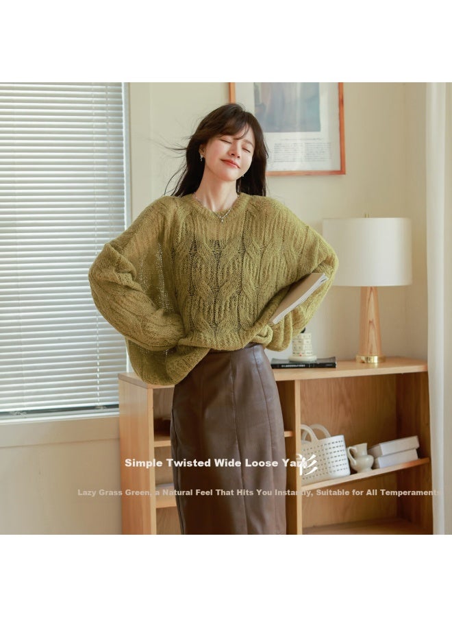 Mt Lazy Grass Green Spring Simple Round Neck Cable Knit Loose Long Sleeve Pullover Sweater - Image 3
