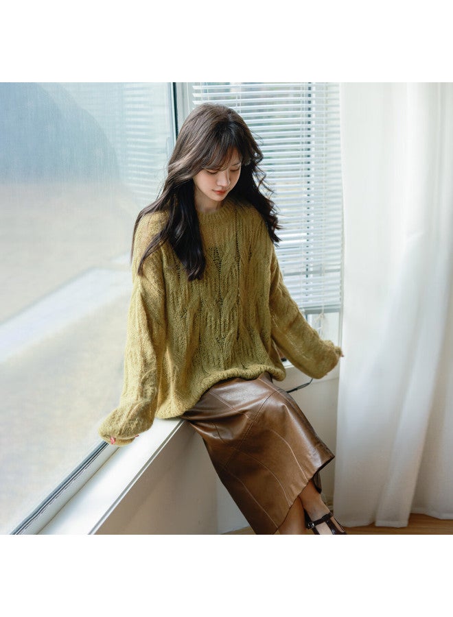 Mt Lazy Grass Green Spring Simple Round Neck Cable Knit Loose Long Sleeve Pullover Sweater - Image 5