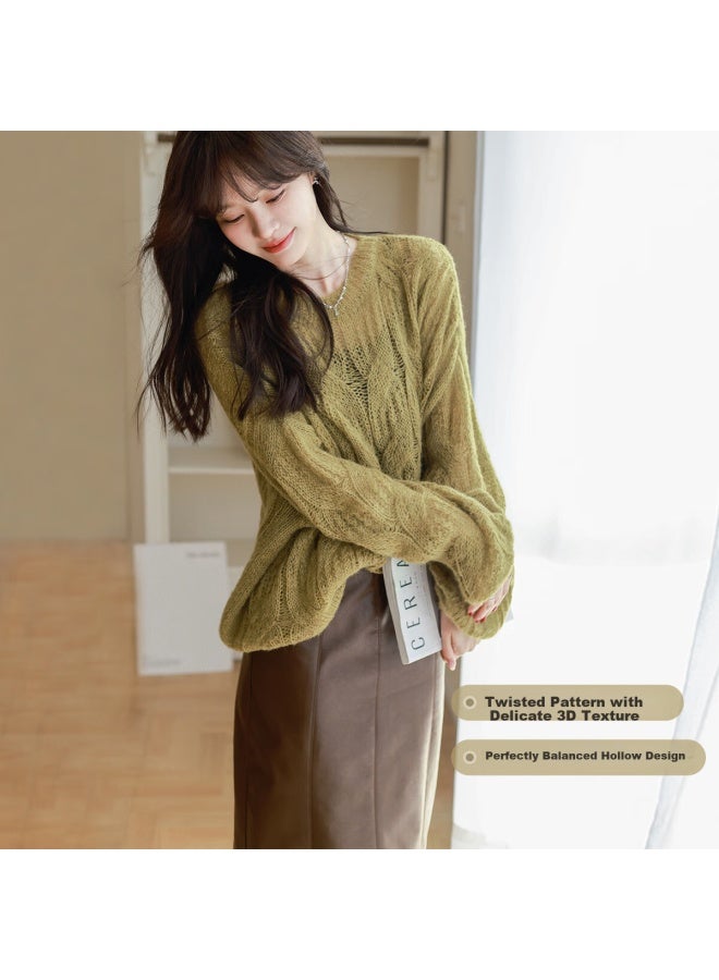 Mt Lazy Grass Green Spring Simple Round Neck Cable Knit Loose Long Sleeve Pullover Sweater - Image 2