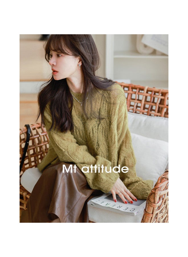 Mt Lazy Grass Green Spring Simple Round Neck Cable Knit Loose Long Sleeve Pullover Sweater - Image 1