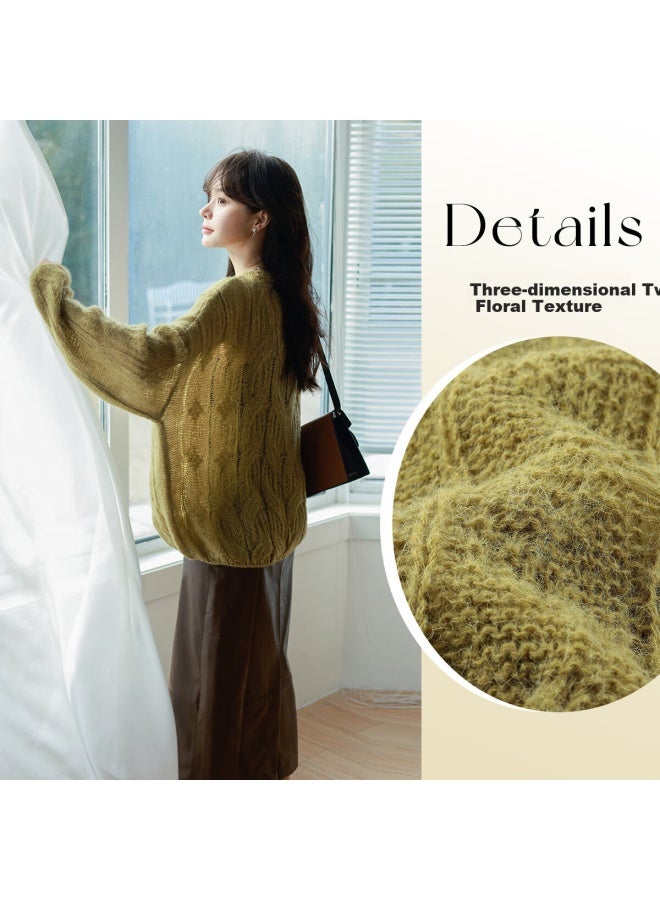 Mt Lazy Grass Green Spring Simple Round Neck Cable Knit Loose Long Sleeve Pullover Sweater - Image 4