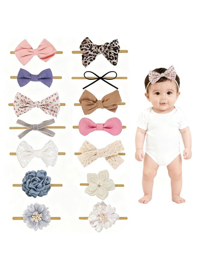 chiduerm 14 PCS Baby Girl Bows and Headbands, Stretchy Nylon Hairbands Hair Bows for Newborns, Infants, Toddlers - Handmade Baby Hair Accessories for Girls (White Flower, mid) - Image 1