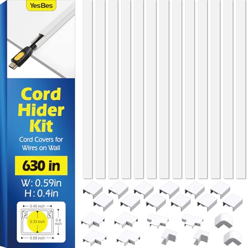 YesBes 630in Cord Hider Kit, Cord Covers for Wires on Wall, Cord Hider for Wall Mount tv, tv Cable Hider Wall kit, Paintable Cable Raceway, Wire Covers for Cords, 40X L15.7in X W0.59in X H0.4in, White - Image 1