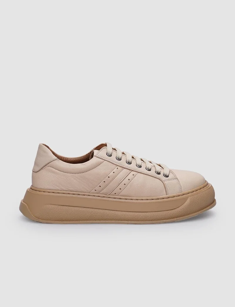 Cabani 100% Genuine Leather Beige Lace-Up Women's Sneakers