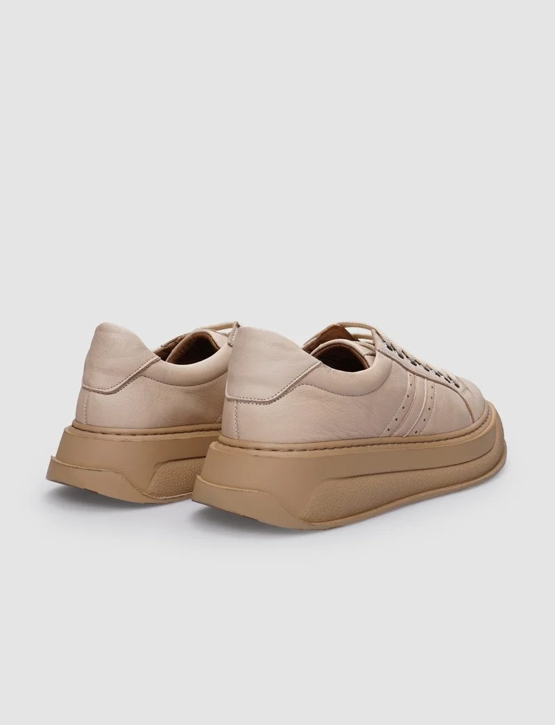 Cabani 100% Genuine Leather Beige Lace-Up Women's Sneakers