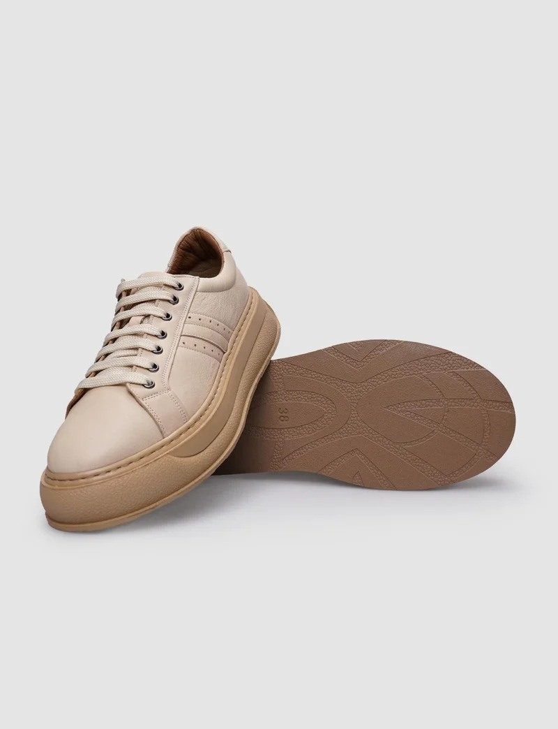 Cabani 100% Genuine Leather Beige Lace-Up Women's Sneakers