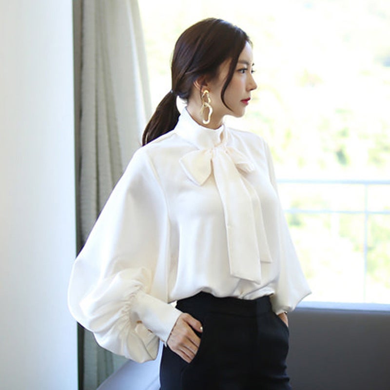 Chiffon Shirt Womens Spring and Autumn Fashion Lantern Sleeve Solid Color Celebrity Style Loose Bow Bottoming Top White