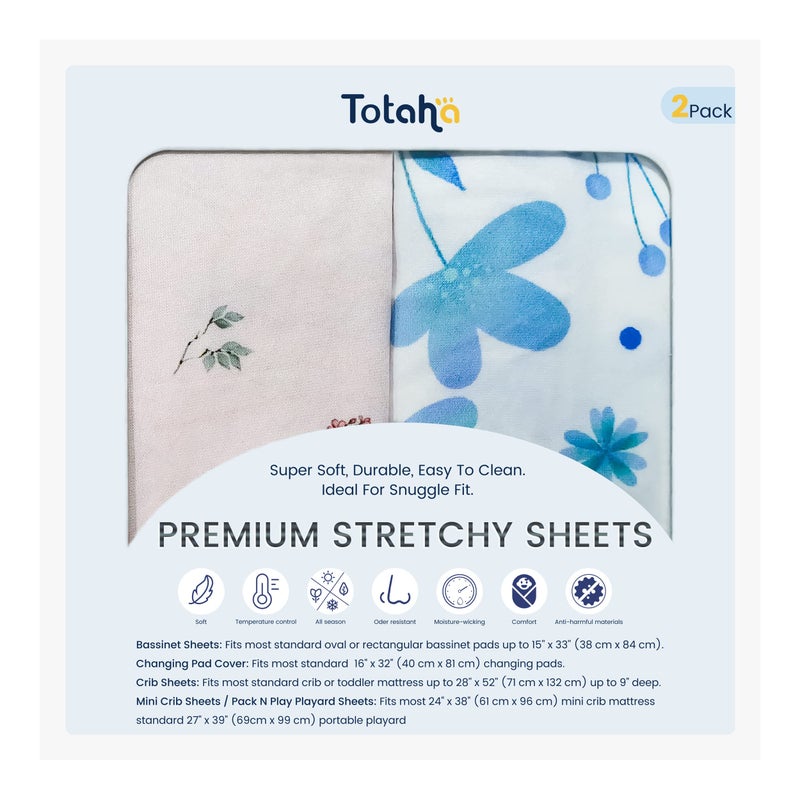 TotAha Premium Stretchy Bassinet Cradle Sheets 2Pack Hypoallergenic Silky Comfort Buttery Soft Calming Effect AllSeason JerseyKnit 32 X 16 X 3Blue Flower Small Floral