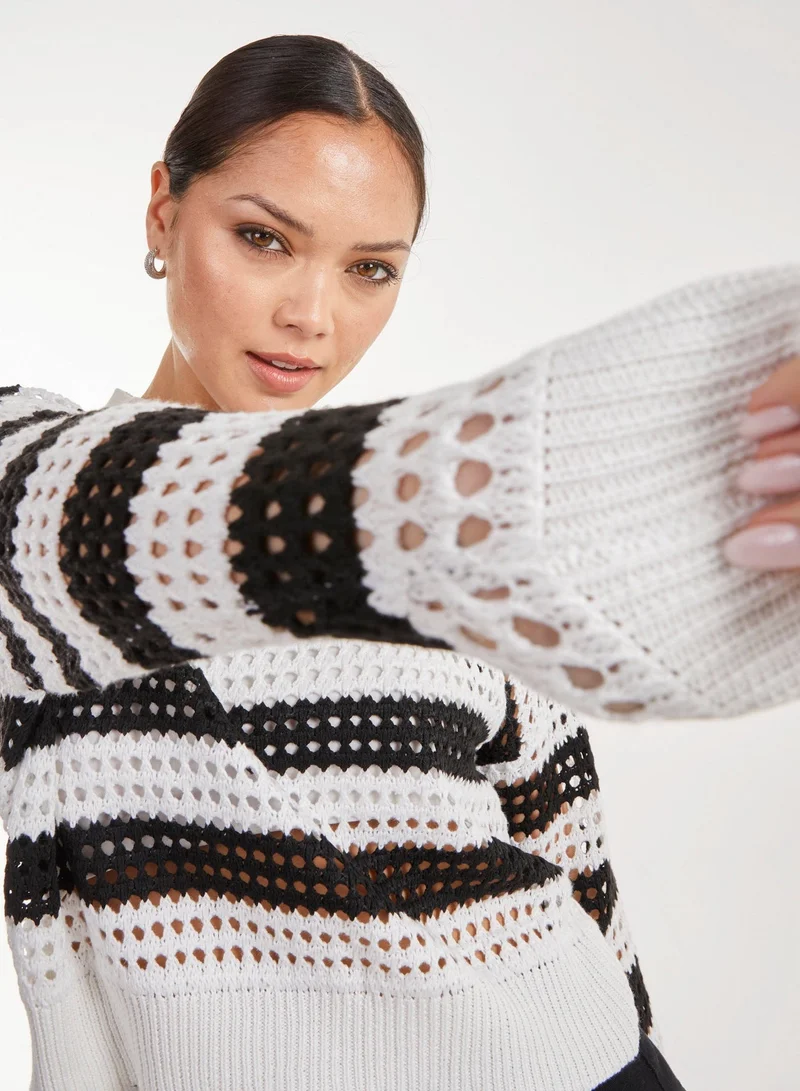 Pink Vanilla  Striped Crochet Long Sleeve Top for Women | Best Price UAE