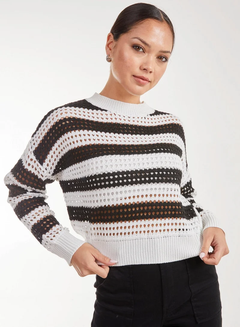 Pink Vanilla Striped Crochet Long Sleeve Top