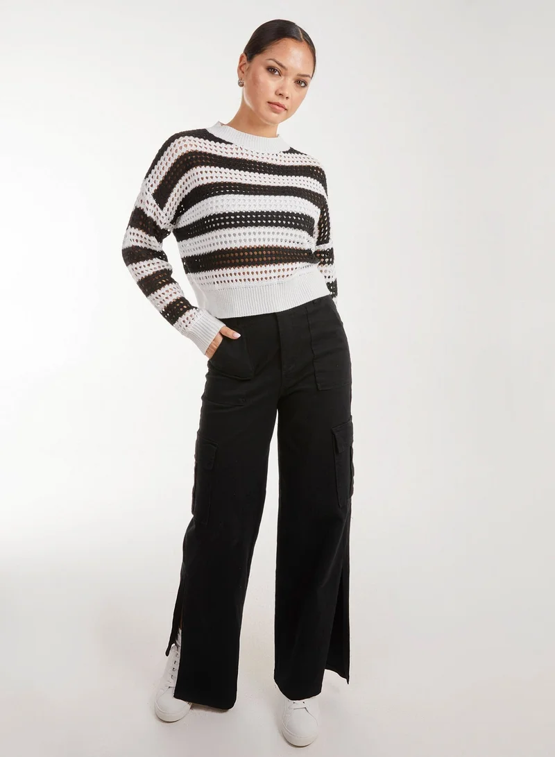 Pink Vanilla  Striped Crochet Long Sleeve Top for Women | Best Price UAE