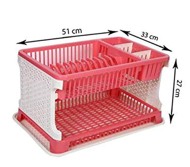 MEZON 2 Layer Kitchen Dish Organizer Storage Rack Cutlery Utensil Fruits and Vegetable Drying Drain and Storage Stand with Water Storing Tray PinkPlastic - Image 2