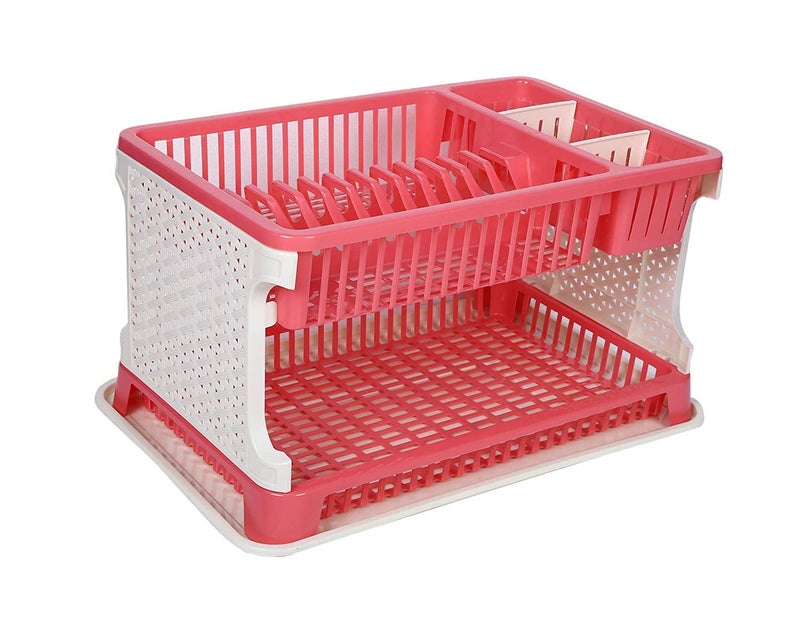 MEZON 2 Layer Kitchen Dish Organizer Storage Rack Cutlery Utensil Fruits and Vegetable Drying Drain and Storage Stand with Water Storing Tray PinkPlastic - Image 4