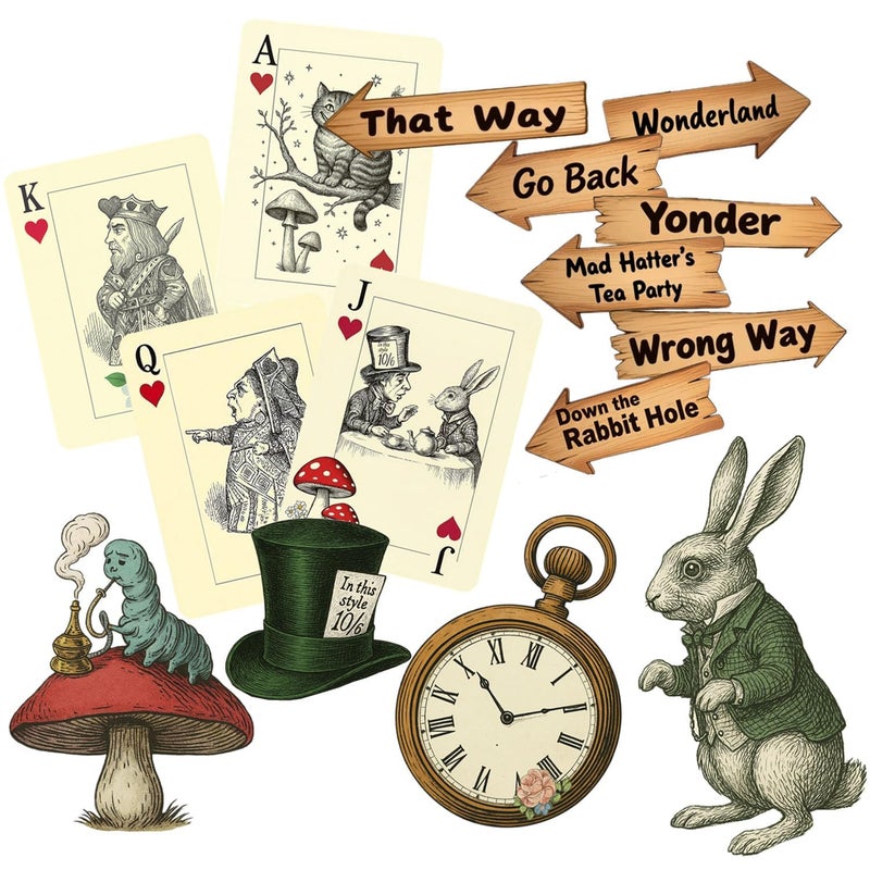 BRALEO Alice Party Decorations,Wonderland Party Decor, 15 Pcs Alice Trunk or Treat Wonderland Tea Party Decor,Vintage Style Wall Art Paper Sticker Set - Image 1