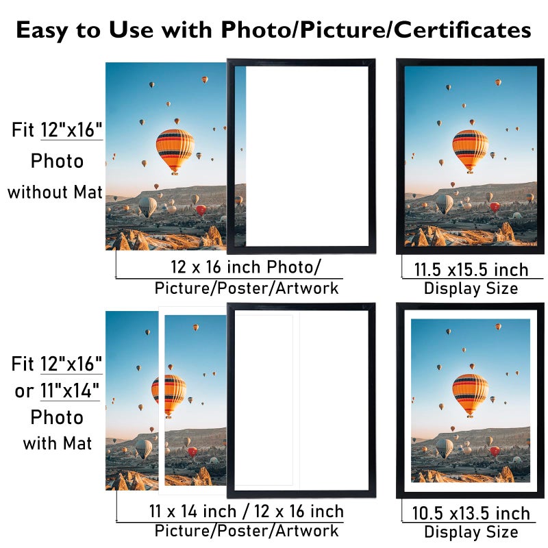 JCJMY 12x16 Picture Frame Black with 11x14 Mat, Display Photo 11x14 with Mat or 12 x 16 Without Mat, Wall Hanging Large Frame with Plexiglass, Black - Image 3