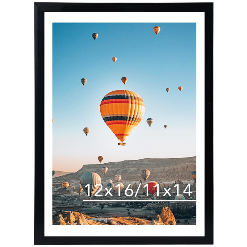 JCJMY 12x16 Picture Frame Black with 11x14 Mat, Display Photo 11x14 with Mat or 12 x 16 Without Mat, Wall Hanging Large Frame with Plexiglass, Black - Image 1