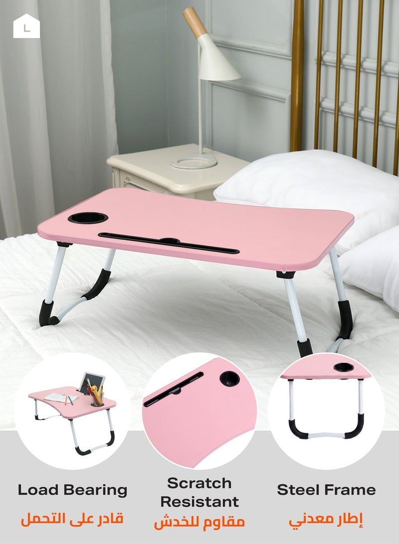 Foldable Laptop Desk - Pink - Portable Bed Table with Cup Holder and Adjustable, Ergonomic, Compact, and Space-Saving Design - Ideal for Working, Writing, Studying, and Drawing - Image 3
