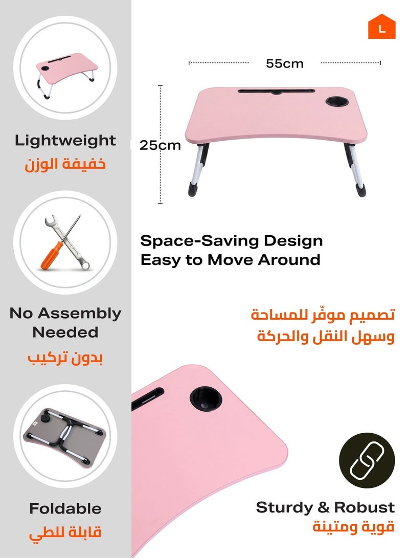 Foldable Laptop Desk - Pink - Portable Bed Table with Cup Holder and Adjustable, Ergonomic, Compact, and Space-Saving Design - Ideal for Working, Writing, Studying, and Drawing - Image 2