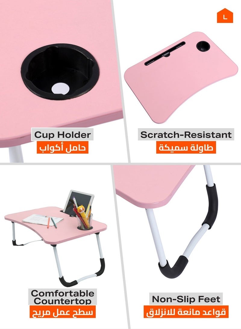 Foldable Laptop Desk - Pink - Portable Bed Table with Cup Holder and Adjustable, Ergonomic, Compact, and Space-Saving Design - Ideal for Working, Writing, Studying, and Drawing - Image 4