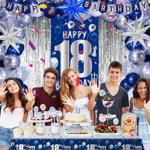 Pounira 18th Birthday Decorations for Boys Blue Happy 18th Birthday Decorations for Men 18 Year Old Boy Birthday Door Banner 18th Bday Party Tablecloth Foil Backdrop Star Balloons Decor for 18th Girls Boys - Image 5
