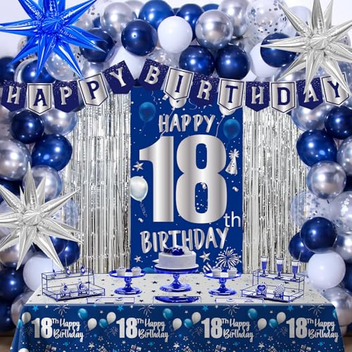 Pounira 18th Birthday Decorations for Boys Blue Happy 18th Birthday Decorations for Men 18 Year Old Boy Birthday Door Banner 18th Bday Party Tablecloth Foil Backdrop Star Balloons Decor for 18th Girls Boys - Image 1