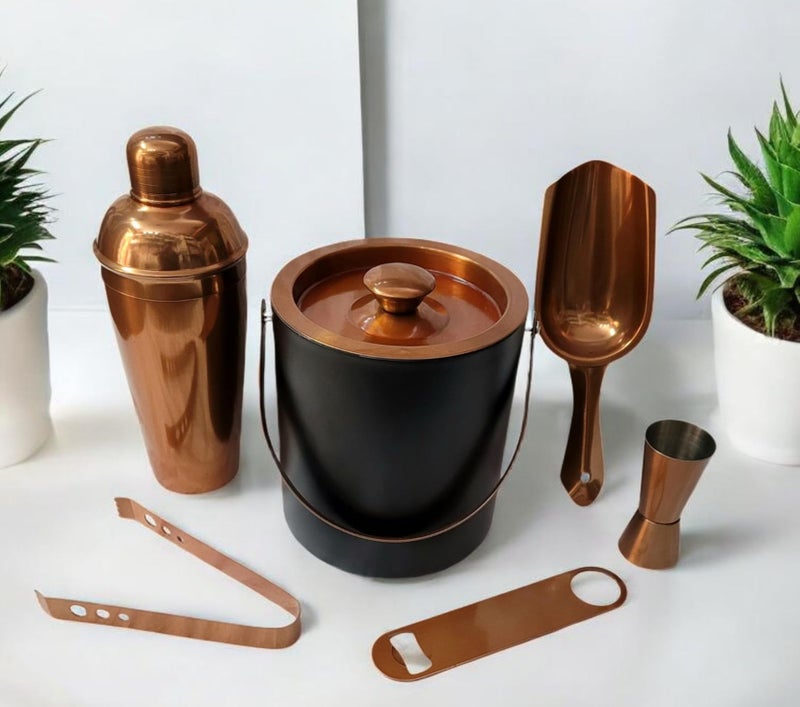 Proniks Copper-Toned Barware Set,(Ice Bucket 1.5,Ice Tong,Peg Megure,Ice Scoop,Cocktail Shaker), 6 Pieces. - Image 1