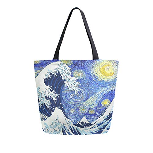 Naanle Starry Sky Canvas Tote Bag Large Women Casual Shoulder Bag Handbag, Japanese Sea Wave Reusable Multipurpose Heavy Duty Shopping Grocery Cotton Bag for Outdoors. - Image 1