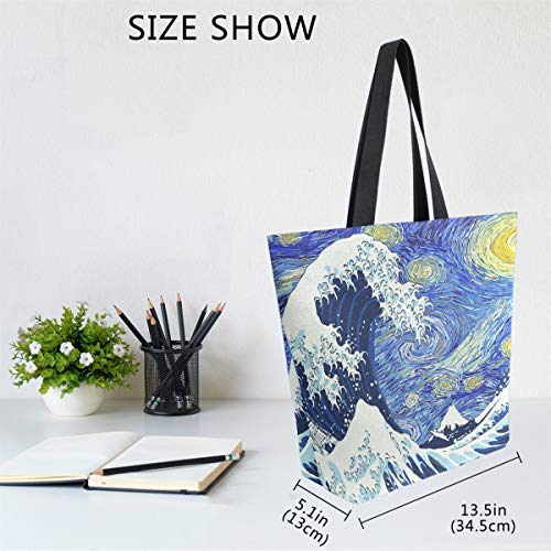 Naanle Starry Sky Canvas Tote Bag Large Women Casual Shoulder Bag Handbag, Japanese Sea Wave Reusable Multipurpose Heavy Duty Shopping Grocery Cotton Bag for Outdoors. - Image 5