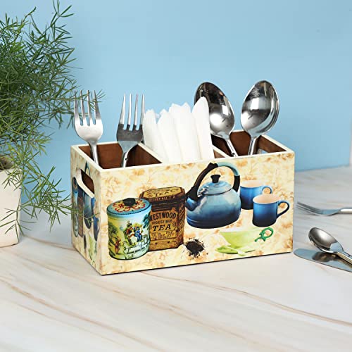 DULI Multipurpose Stand, Cutlery Holder, Spoon Stand, Table Organizer with 2 Sections, Chammach Stand (10cm x 15cm) (3 Section: TeaKettle) - Image 1
