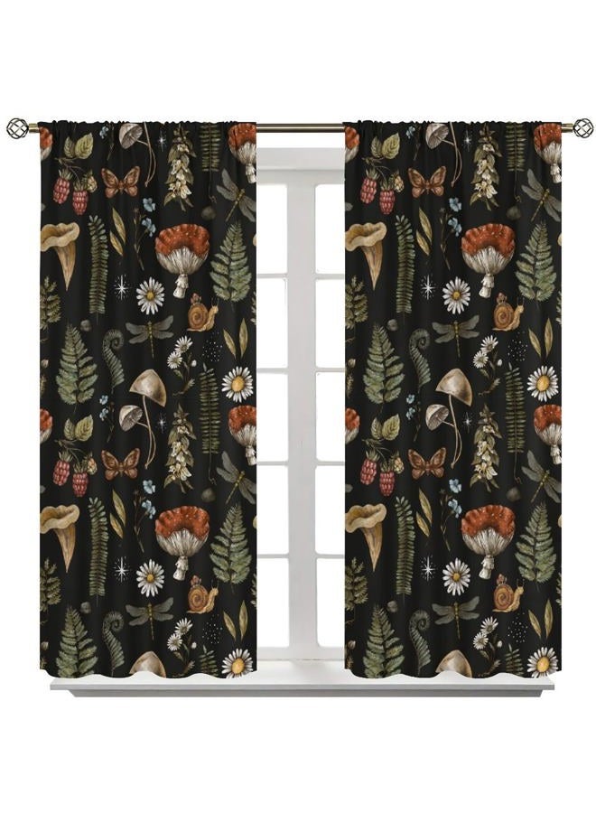 AAVEUP Rustic Mushroom Curtains, Vintage Black Fairytale Boho Forest Woodland Leaves Plants Mushrooms Flowers Decor Windows Treatments, Thermal Insulated Drapes for Kids Boys Girls Bedroom 42x45in - Image 2