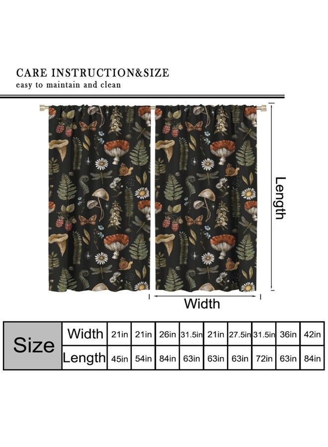 AAVEUP Rustic Mushroom Curtains, Vintage Black Fairytale Boho Forest Woodland Leaves Plants Mushrooms Flowers Decor Windows Treatments, Thermal Insulated Drapes for Kids Boys Girls Bedroom 42x45in - Image 3