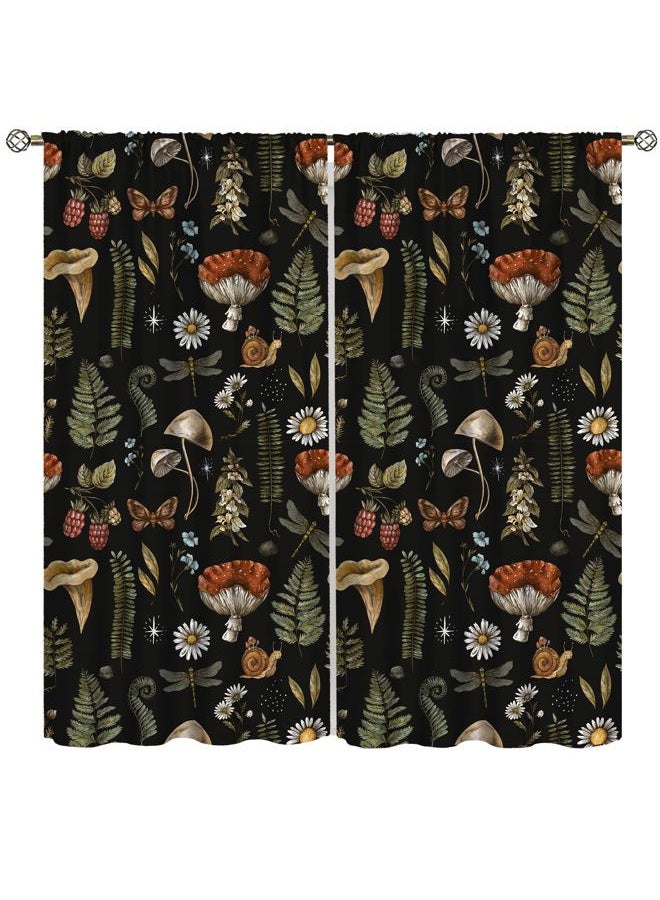 AAVEUP Rustic Mushroom Curtains, Vintage Black Fairytale Boho Forest Woodland Leaves Plants Mushrooms Flowers Decor Windows Treatments, Thermal Insulated Drapes for Kids Boys Girls Bedroom 42x45in - Image 1