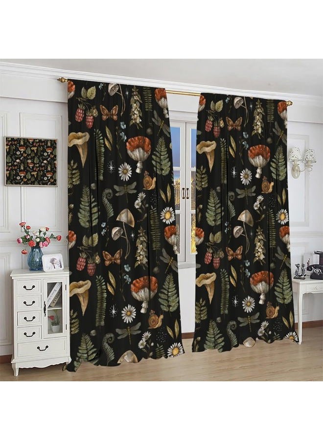 AAVEUP Rustic Mushroom Curtains, Vintage Black Fairytale Boho Forest Woodland Leaves Plants Mushrooms Flowers Decor Windows Treatments, Thermal Insulated Drapes for Kids Boys Girls Bedroom 42x45in - Image 5