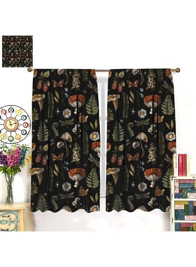 AAVEUP Rustic Mushroom Curtains, Vintage Black Fairytale Boho Forest Woodland Leaves Plants Mushrooms Flowers Decor Windows Treatments, Thermal Insulated Drapes for Kids Boys Girls Bedroom 42x45in - Image 4