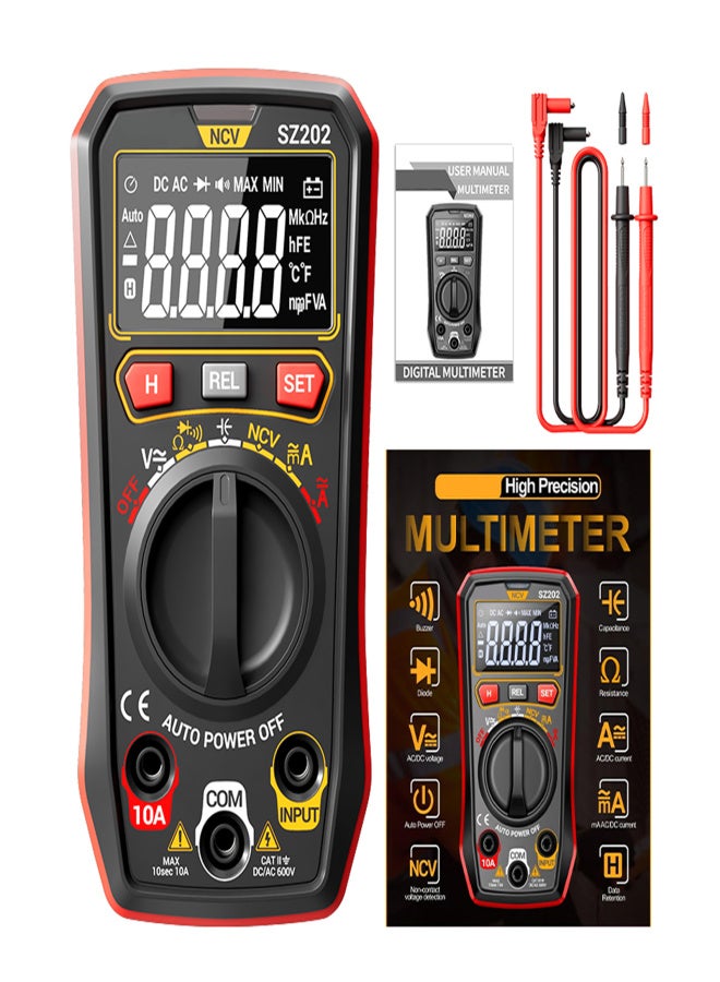 Digital Multimeter, Auto-Ranging 4000 Counts, Portable Ohm Volt Amp Tester Measures NCV, Voltage, Current, Diode, Capacitance Red - Image 1