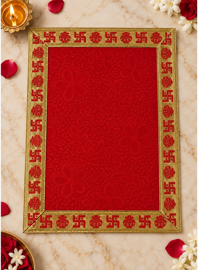 Madhoor Velvet Swastik Kalash Decorative Pooja Aasan Red for Pooja, Deity Idol Placement & Home Temples, 9 x 13 Inches - Image 1