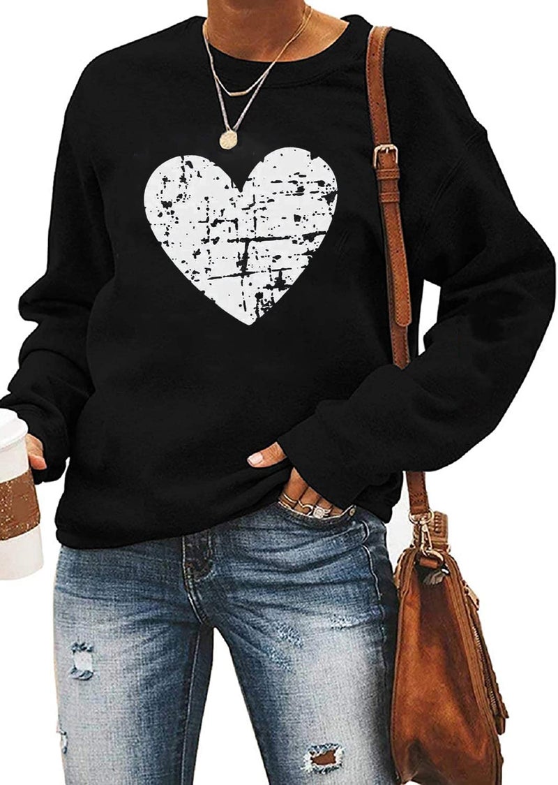 Yimoya Valentines Sweatshirt Womens Cute Leopard Love Heart Valentines' Shirt Gift Teacher Valentine Sweatshirts (A-Black, L)