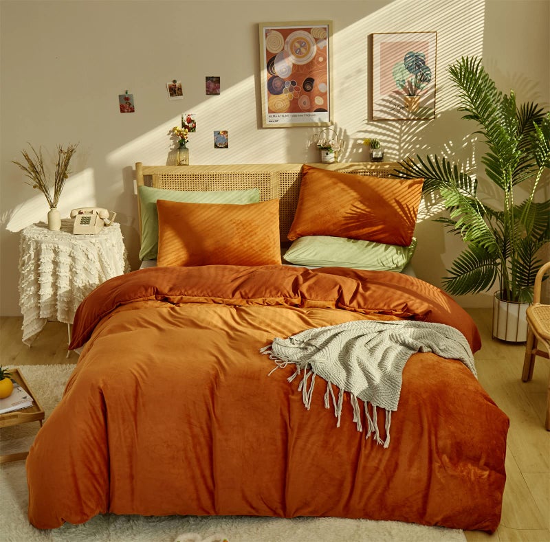 KAREVER Burnt Orange Color Velvet Comforter Set King Solid Rust Color Flannel Velvet Bedding Comforter Set All Caramel Colour 3 PCs Shaggy Soft Warm and Durable Flannel Blanket King - Image 1