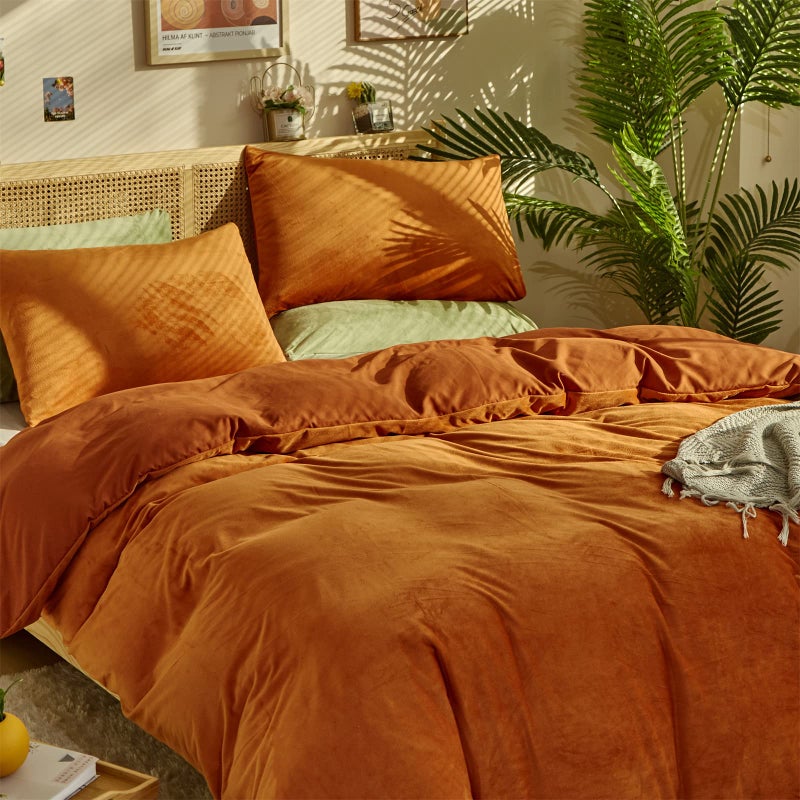 KAREVER Burnt Orange Color Velvet Comforter Set King Solid Rust Color Flannel Velvet Bedding Comforter Set All Caramel Colour 3 PCs Shaggy Soft Warm and Durable Flannel Blanket King - Image 3