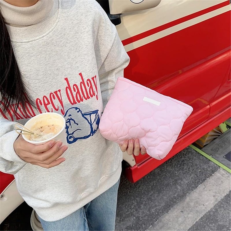 Quilted Cotton Makeup Bag Solid Color A Compact Lightweight Toiletry Cosmetic Storage - Image 5