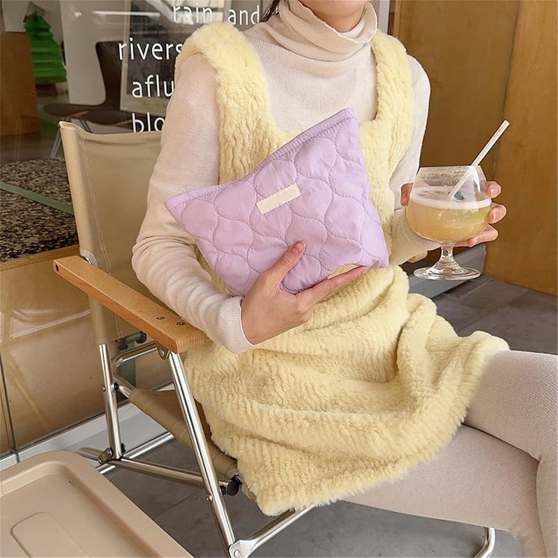 Quilted Cotton Makeup Bag Solid Color A Compact Lightweight Toiletry Cosmetic Storage - Image 3